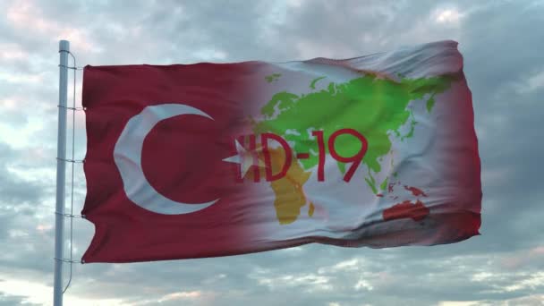 Covid-19 aláírás Törökország nemzeti lobogóján. A koronavírus fogalma — Stock videók
