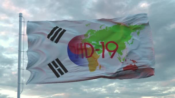 Covid-19 teken op de nationale vlag van Zuid-Korea. Coronavirus concept — Stockvideo