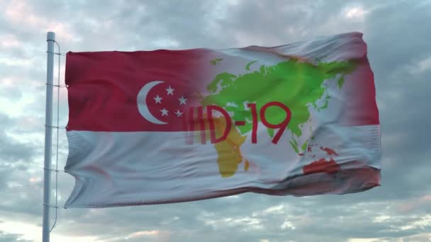 Covid-19-Zeichen auf der Nationalflagge Singapurs. Coronavirus-Konzept — Stockvideo