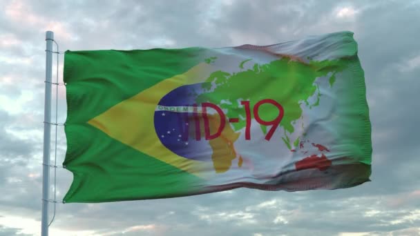 Podpis Covid-19 na brazilské národní vlajce. Koncept koronaviru — Stock video