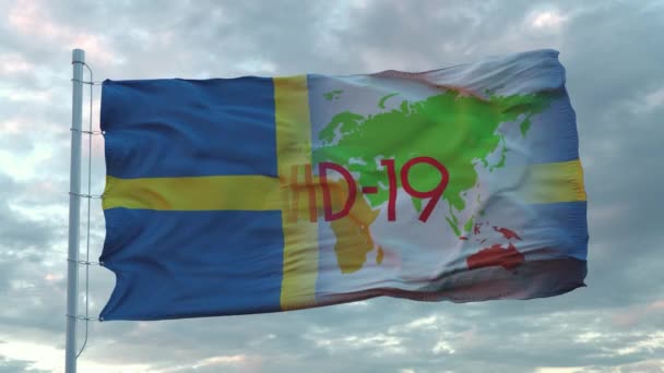İsveç bayrağında Covid-19 işareti var. Coronavirus konsepti — Stok video