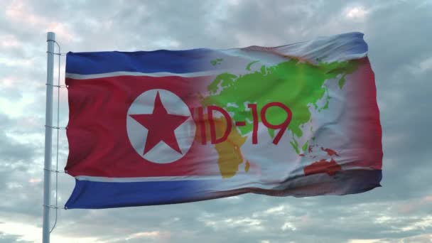 Covid-19 firmar en la bandera nacional de Corea del Norte. Concepto de Coronavirus — Vídeos de Stock