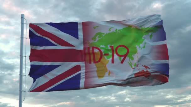 Covid-19 firmar en la bandera nacional del Reino Unido. Concepto de Coronavirus — Vídeos de Stock