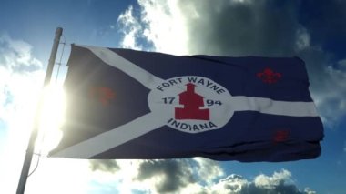 Fort Wayne şehir bayrağı, ABD veya Amerika Birleşik Devletleri 'nde Indiana şehri, mavi gökyüzünde rüzgarla dalgalanan
