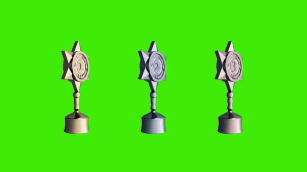 Spinning trofeos de oro, plata y bronce aislados en pantalla verde — Vídeos de Stock
