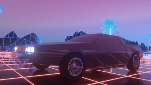 Futuristické auto projíždí neonovým abstraktním prostorem. Retrovlnové pozadí — Stock video