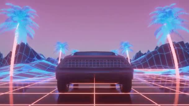 Neon cyberpunk stílusban. Retro futurisztikus autó áthajt neon város — Stock videók