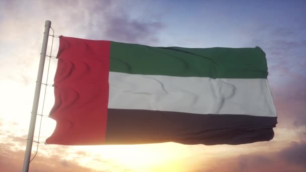 Drapeau des Émirats arabes unis agitant dans le vent contre un ciel profond et magnifique au coucher du soleil — Video