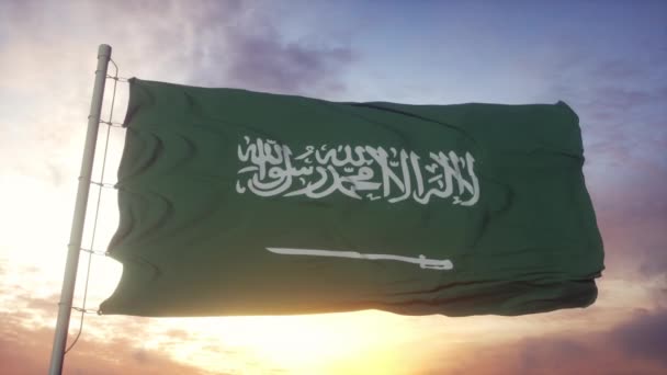 Vlag van Saoedi-Arabië wapperend in de wind tegen diepe prachtige hemel bij zonsondergang — Stockvideo