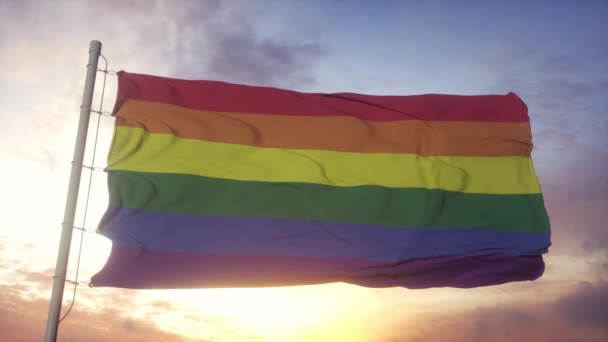 LGBT组织的一面美丽的彩虹旗在天空中飘扬。女同性恋、男同性恋、双性恋、变性者和其他人使用LGBT骄傲旗 — 图库视频影像