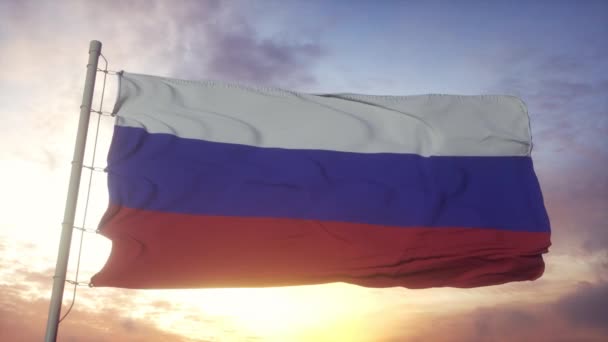 National flag of Russia waving in the wind against beautiful sky. Russian flag on sky background — Stock Video