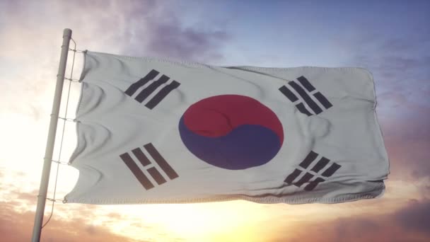 Zuid-Koreaanse vlag wapperend in de wind. Nationale vlag van Zuid-Korea — Stockvideo
