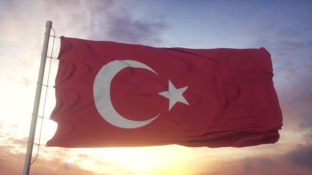 Bandera de Turquía ondeando en el viento contra las nubes del cielo — Vídeo de stock