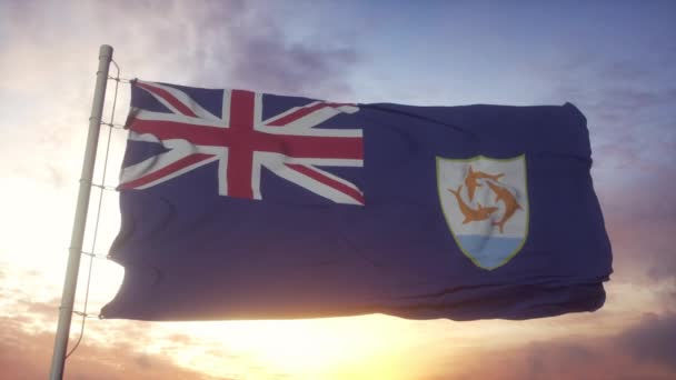 Flag of Anguilla waving in the wind, sky and sun background — Stock Video