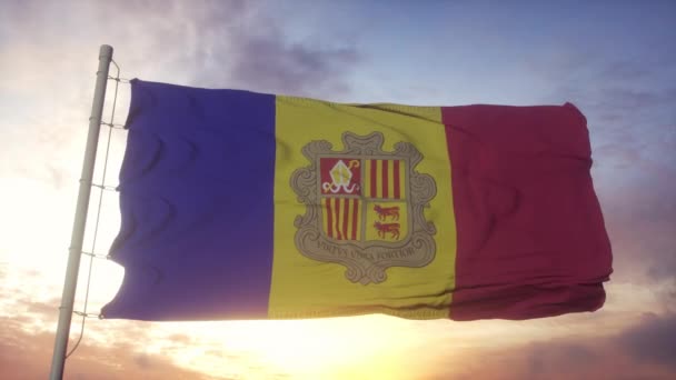 Drapeau d'Andorre agitant dans le vent, le ciel et le soleil — Video