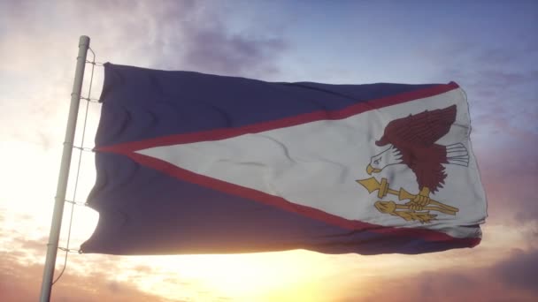 Vlag van Amerikaans Samoa zwaaiend in de wind, hemel en zon achtergrond — Stockvideo