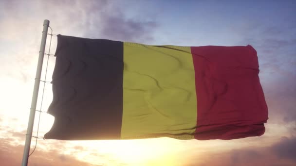 Σημαία του Βελγίου κυματίζει στον άνεμο, τον ουρανό και τον ήλιο φόντο — Αρχείο Βίντεο