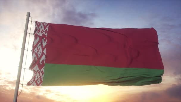 白俄罗斯国旗在风、天空和阳光的背景下飘扬 — 图库视频影像