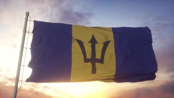 Флаг Барбадоса, машущий ветром, небом и солнцем — стоковое видео