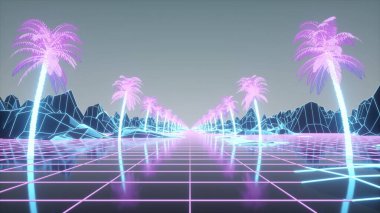 Retro fütürist palmiye ağacı sokağı. Geçmişe dönük 80 'ler tarzı sentetik dalga arka planı. 3d oluşturma