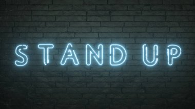Siyah tuğlalı arka planda Parlayan Stand Up amblemi. 3d oluşturma