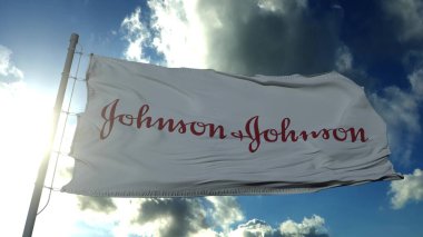 MOSCOW, RUSSIA, HAZİRAN 2021: Johnson Johnson bayrağı rüzgarda sallanıyor. Johnson Johnson COVID-19 aşısının geliştirildiğini duyurdu. 3d oluşturma