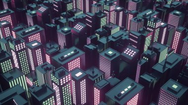 Gökdelenleri olan siber punk fütüristik şehir. Soyut izometrik şehir. 3d oluşturma