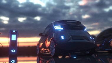 Elektrikli arabalar için şarj istasyonu. Şarj istasyonunda elektrikli arabalar. 3d oluşturma