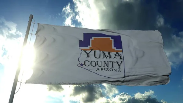 Bandera del condado de Yuma, estado de Arizona, Estados Unidos de América ondeando al viento en el cielo azul. renderizado 3d — Foto de Stock