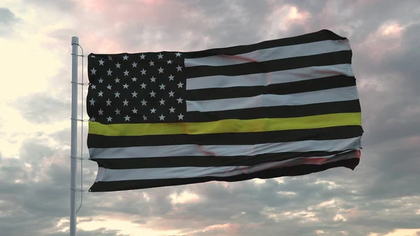 Thin Yellow Line American Flag - una señal para honrar y respetar a los despachadores estadounidenses, los guardias de seguridad y la prevención de pérdidas. renderizado 3d —  Fotos de Stock