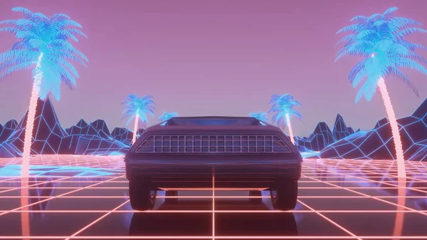 Coche en estilo neón cyberpunk. Conducir coche futurista retro a través de la ciudad de neón. renderizado 3d — Foto de Stock