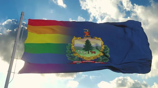 Bandera de Vermont y LGBT. Vermont y la bandera mixta LGBT ondeando en el viento. renderizado 3d —  Fotos de Stock