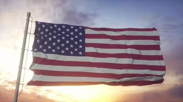 Bandera de los Estados Unidos de América ondeando en el viento contra el cielo profundo y hermoso al atardecer. renderizado 3d —  Fotos de Stock