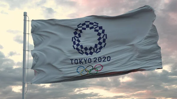 ธงของโอลิมปิกในโตเกียว 2020 กระพือปีกในสายลม การแสดงผล 3D — ภาพถ่ายสต็อก