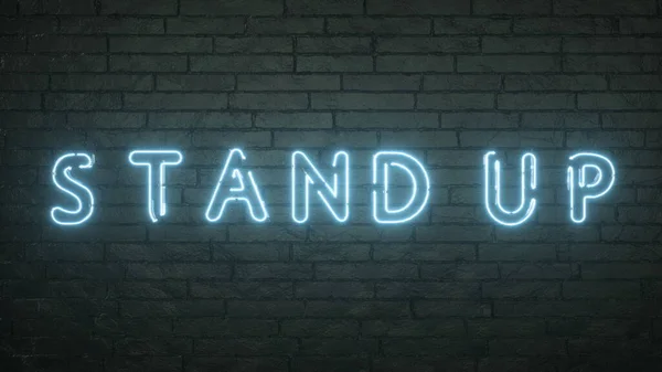 Zářící znak Stand Up na černém pozadí cihlové zdi. 3D vykreslování — Stock fotografie