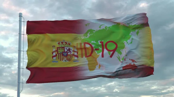 Covid-19 teken op de nationale vlag van Spanje. Coronavirus concept. 3d destructie — Stockfoto