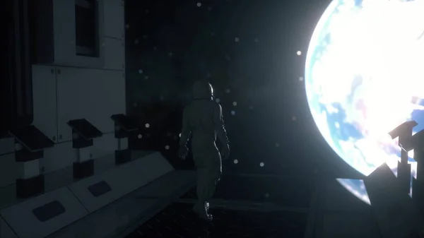 Egyedül egy űrhajós egy futurisztikus űrhajóban. 3D-s renderelés — Stock Fotó