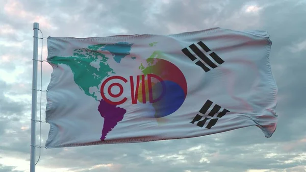 韩国国旗上的Covid-19标志。验尸官的概念。3d渲染 — 图库照片