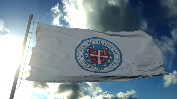 Flaga Oklahomy, miasta Stanów Zjednoczonych Ameryki, machająca wiatrem na błękitnym niebie. 3d renderowanie — Zdjęcie stockowe