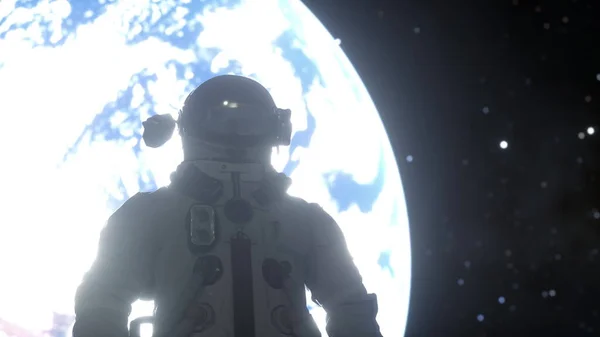 우주 비행사 만 이 지구의 배경에 대항하여 달 표면에 서 있다. 3d 렌더링 — 스톡 사진