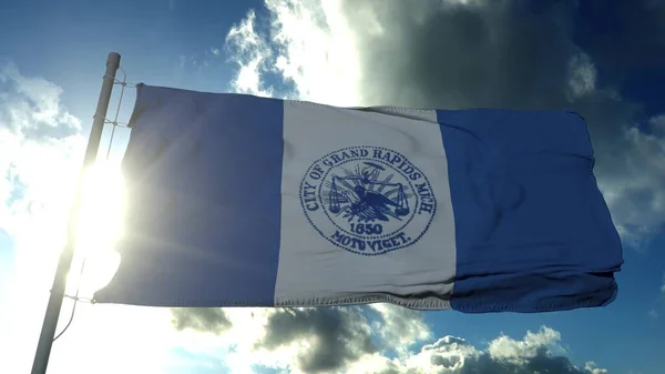 緑の空に風を振ってグランドラピッズ市、ミシガン州、アメリカ合衆国の都市の旗。3Dレンダリング — ストック写真