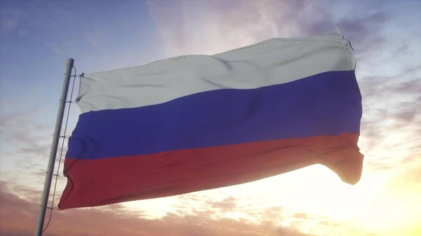 Ruská národní vlajka vlající ve větru proti krásné obloze. Ruská vlajka na pozadí oblohy. 3D vykreslování — Stock fotografie