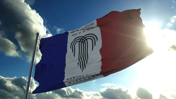 Bandera de Kansas, ciudad de USA o Estados Unidos de América, ondeando al viento en el cielo azul. renderizado 3d —  Fotos de Stock