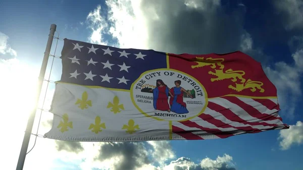 Detroit flaga miasta, miasta USA lub Stanów Zjednoczonych Ameryki, machając wiatrem na niebieskim niebie. 3d renderowanie — Zdjęcie stockowe