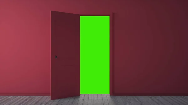 Red door opening to green screen, chroma key. 3d rendering — Stock Photo, Image