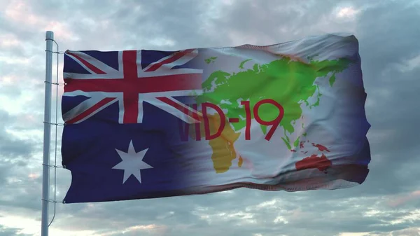 Знак Ковід-19 на національному прапорі Австралії. Концепція Коронавірусу. 3d рендеринг — стокове фото