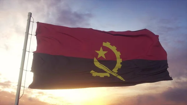 Vlag van Angola zwaaiend in de wind, lucht en zon achtergrond. 3d destructie — Stockfoto