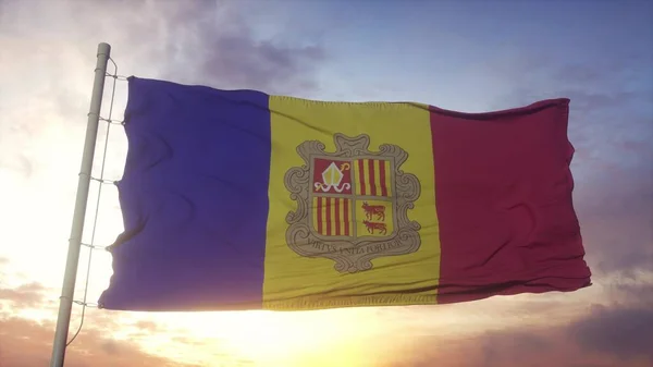 Vlag van Andorra zwaaiend in de wind, hemel en zon achtergrond. 3d destructie — Stockfoto