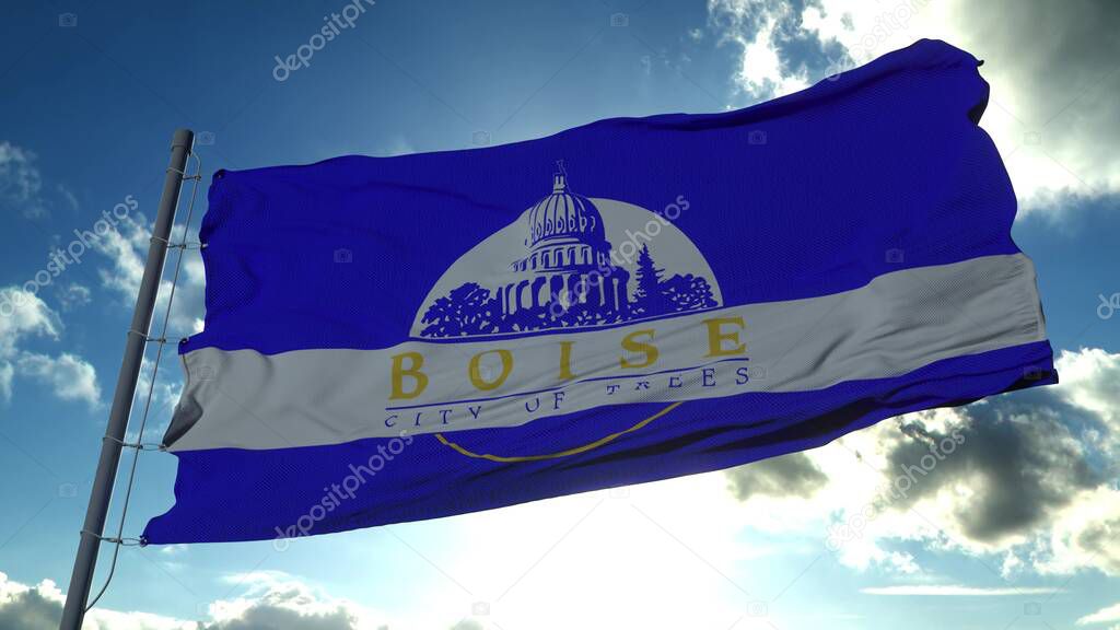 Boise city flag, city of Idaho in USA or United States of America, waving at wind in blue sky. 3d rendering