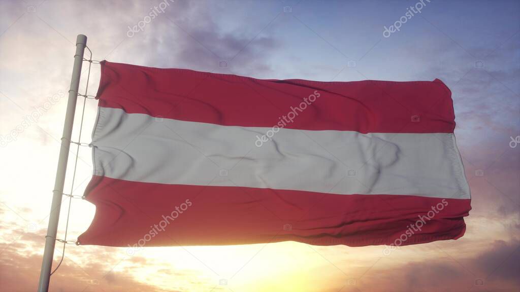 Flag of Austria waving in the wind, sky and sun background. 3d rendering